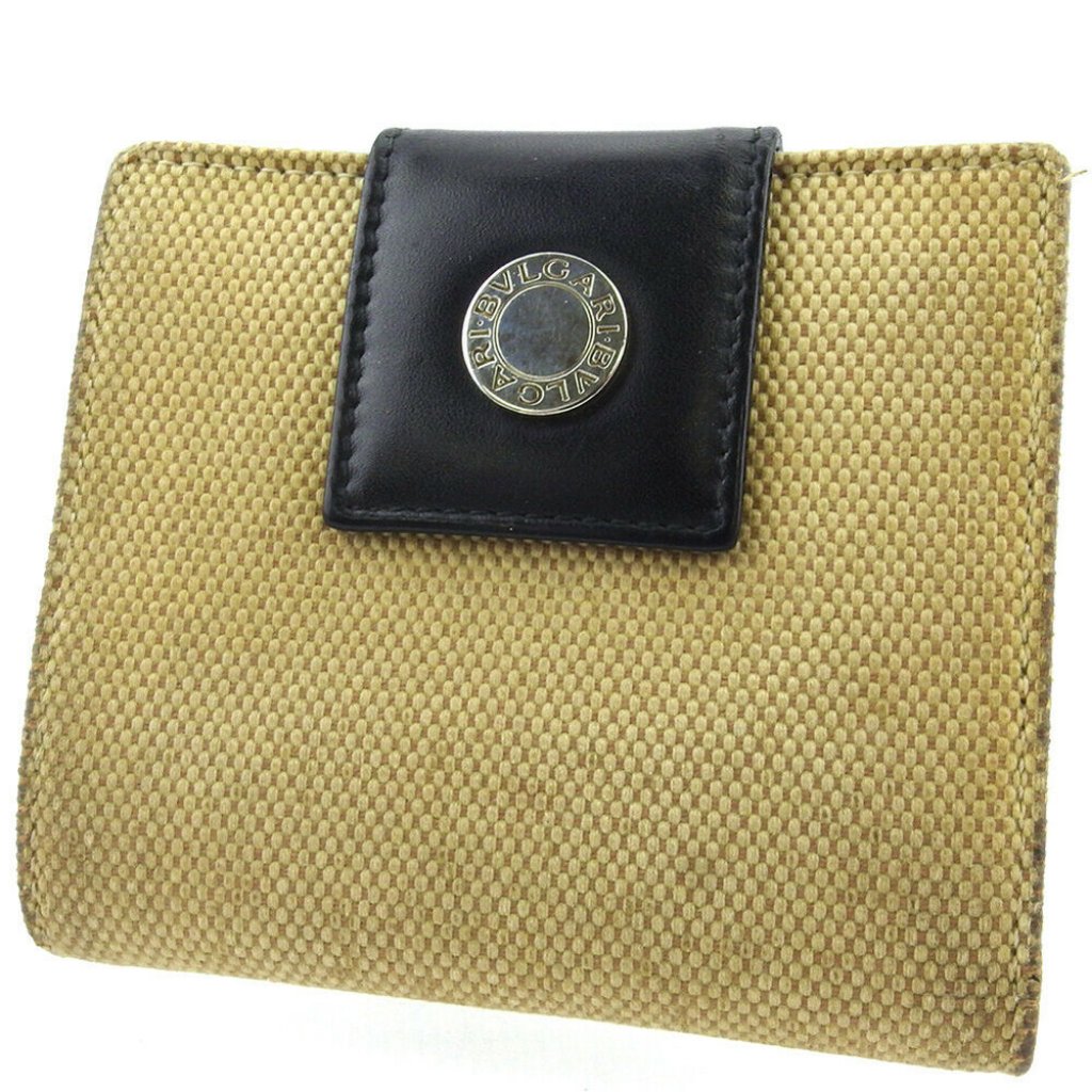 Bvlgari Two-Fold Wallet Logo Button Beige Canvas ~ Leather Authentic Used